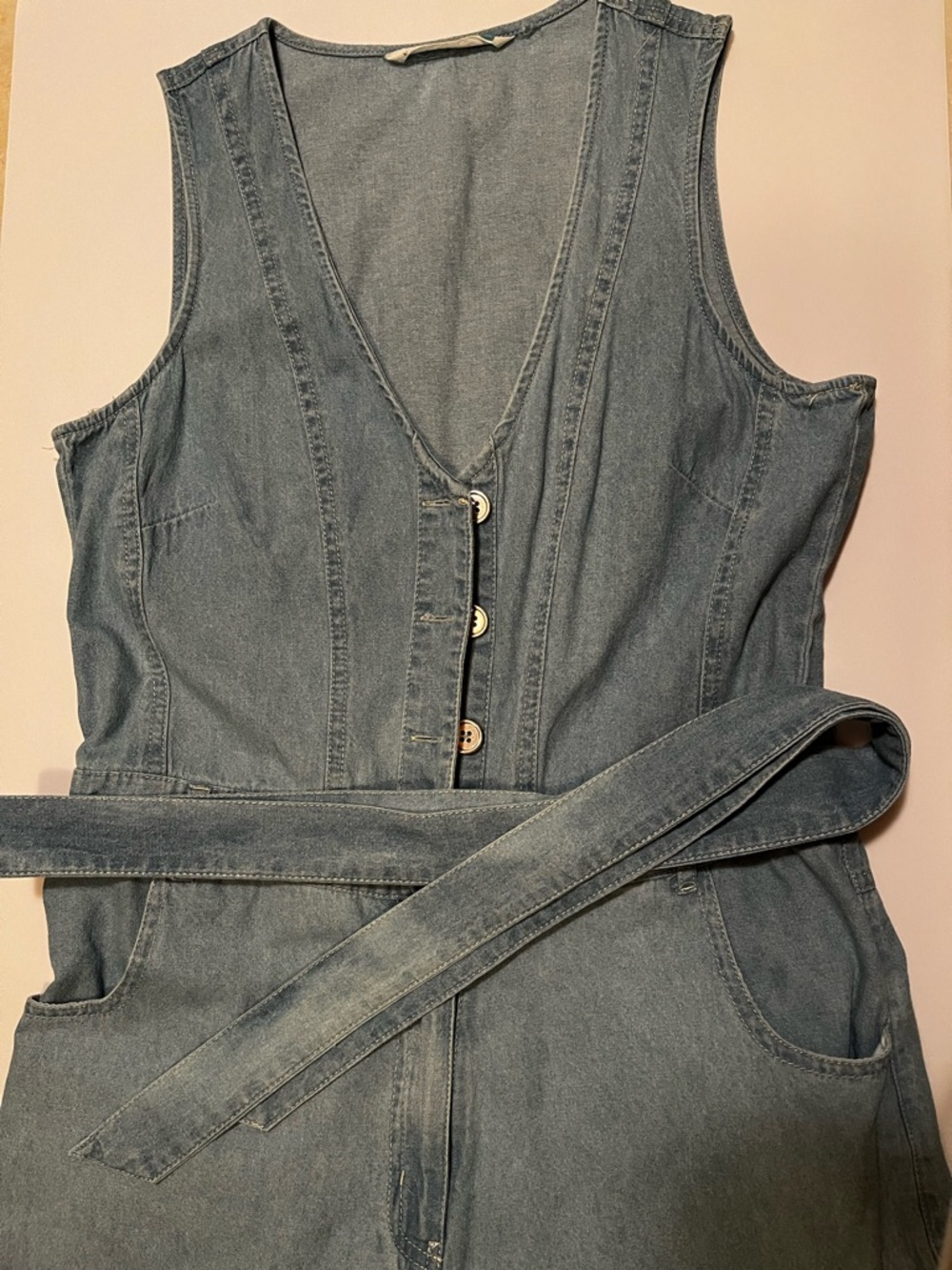Wide leg Denim Vest overall Jumpsuit with Waist Tie - Light Blue western boho